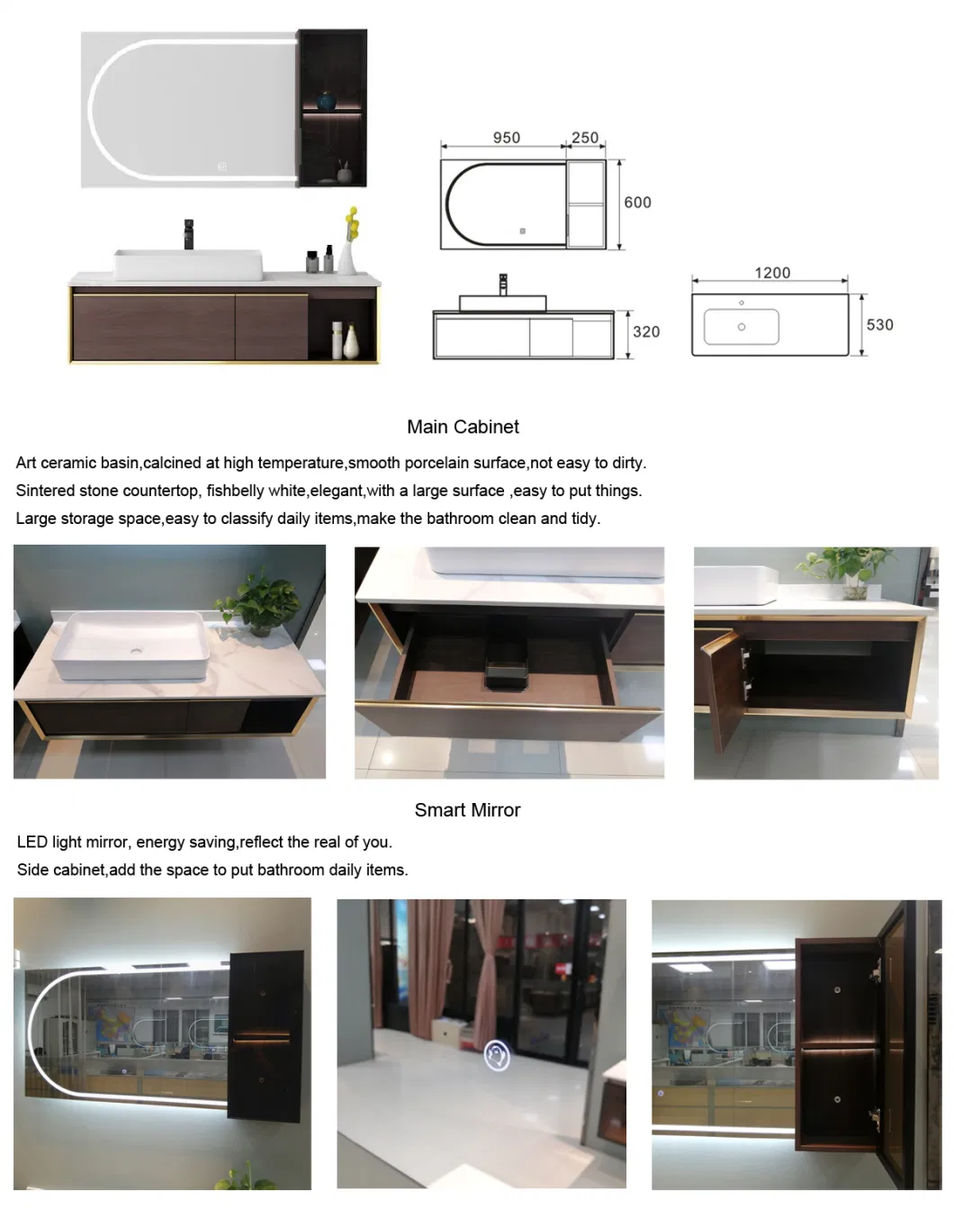 Made in China 48 Inches Solid Wooden Bathroom Vanity Cabinet with Sintered Stone Countertop Art Wash Basin LED Mirror Cabinet